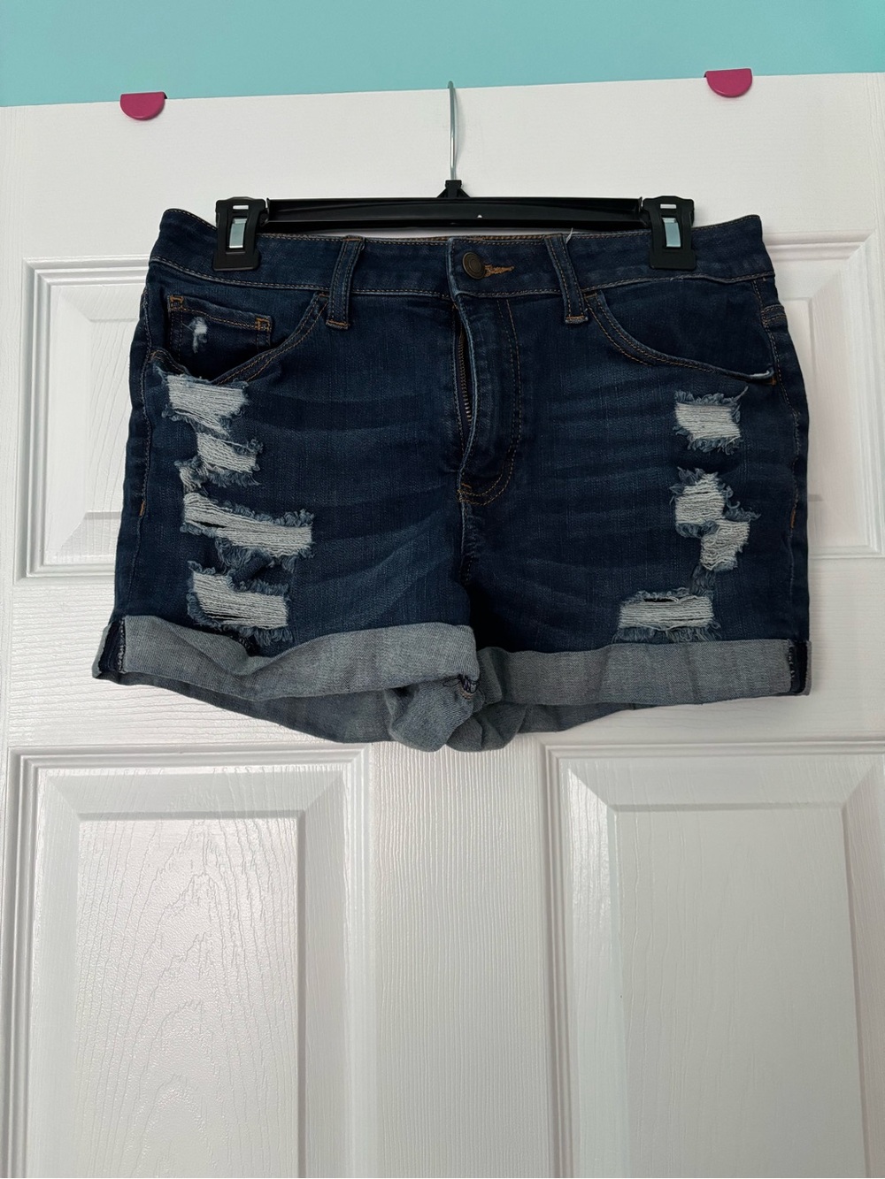SO High Waisted Dark Wash Distressed Denim Shorts